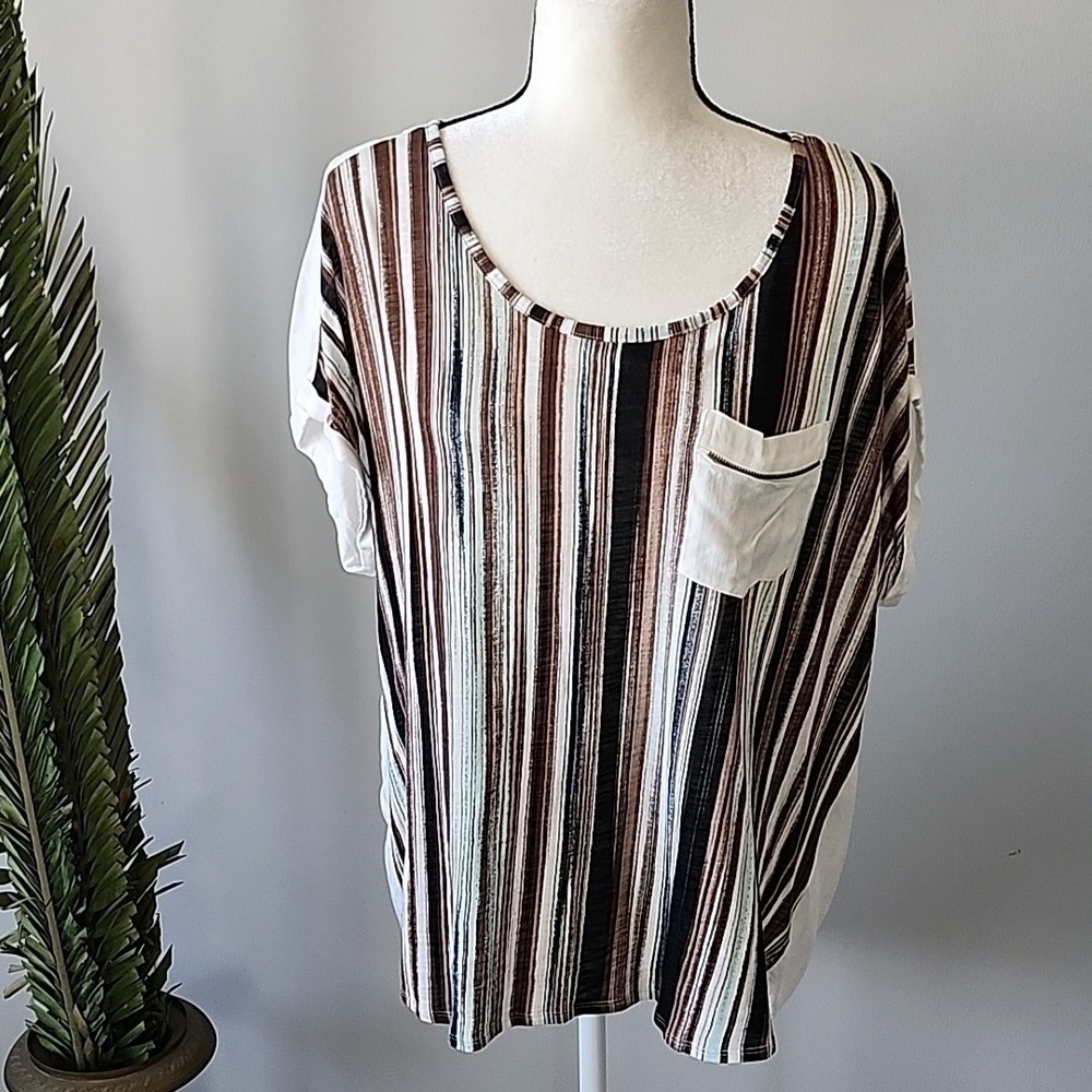 Cato multicolored striped blouse with high low hem and wide scoop neck